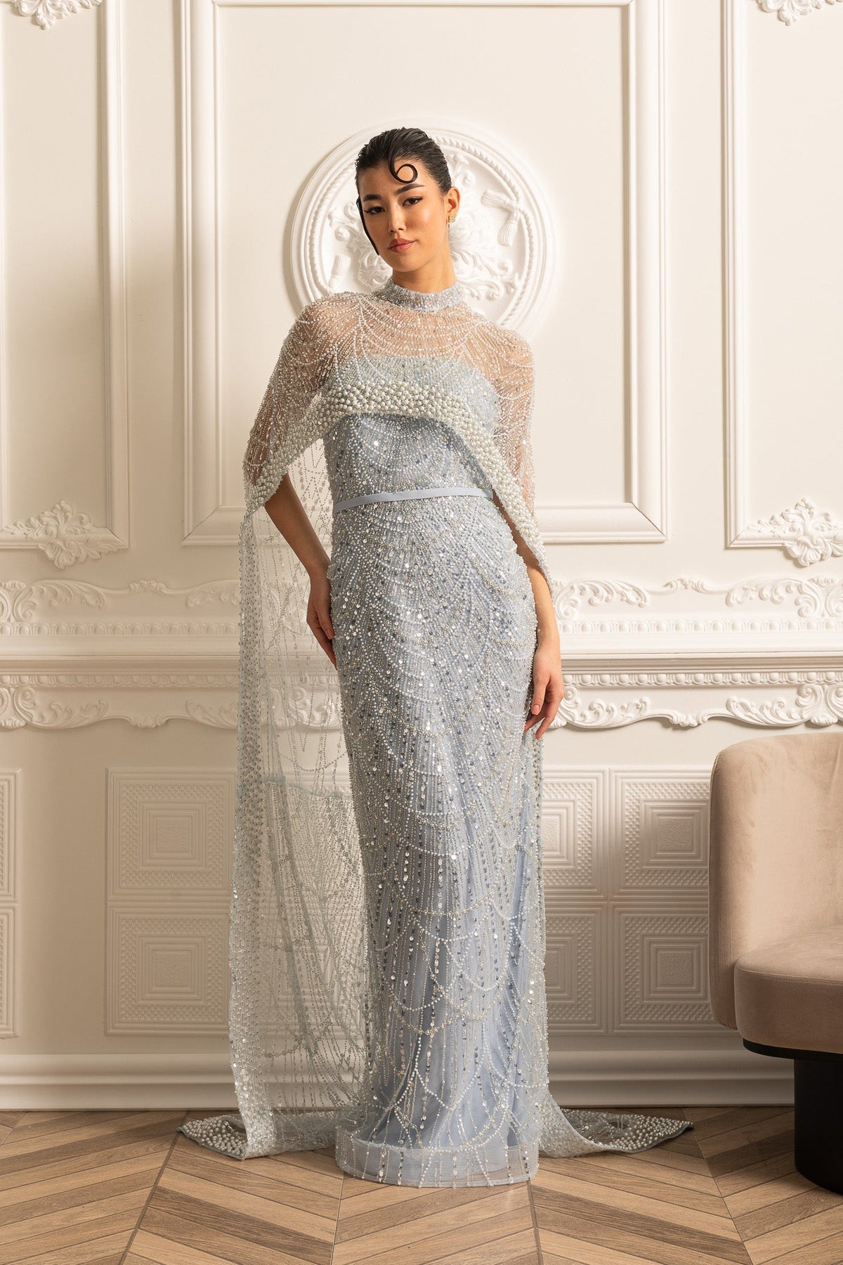 Pearl Chest Band Beaded Mesh Cape Overlay Column Maxi Gown - View 10