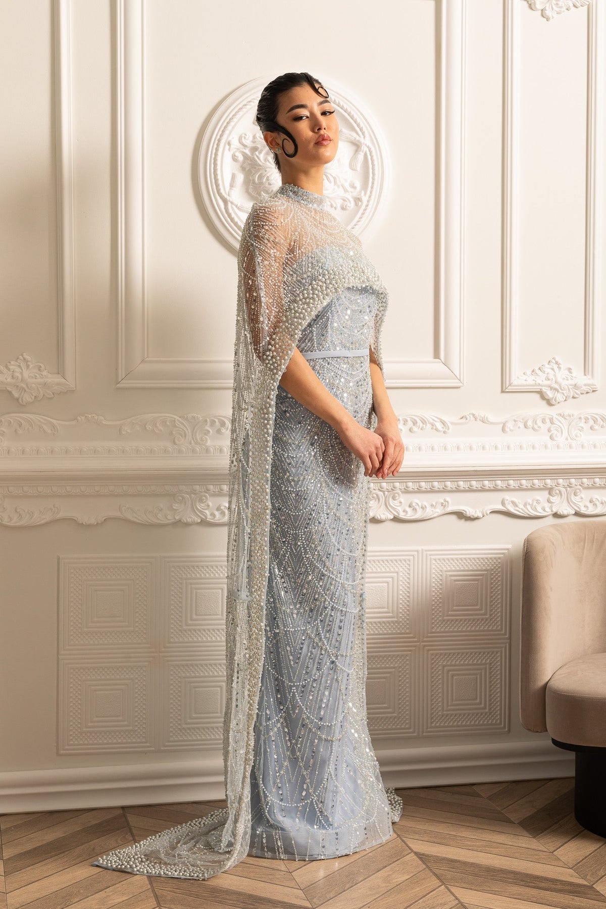 Pearl Chest Band Beaded Mesh Cape Overlay Column Maxi Gown - View 5