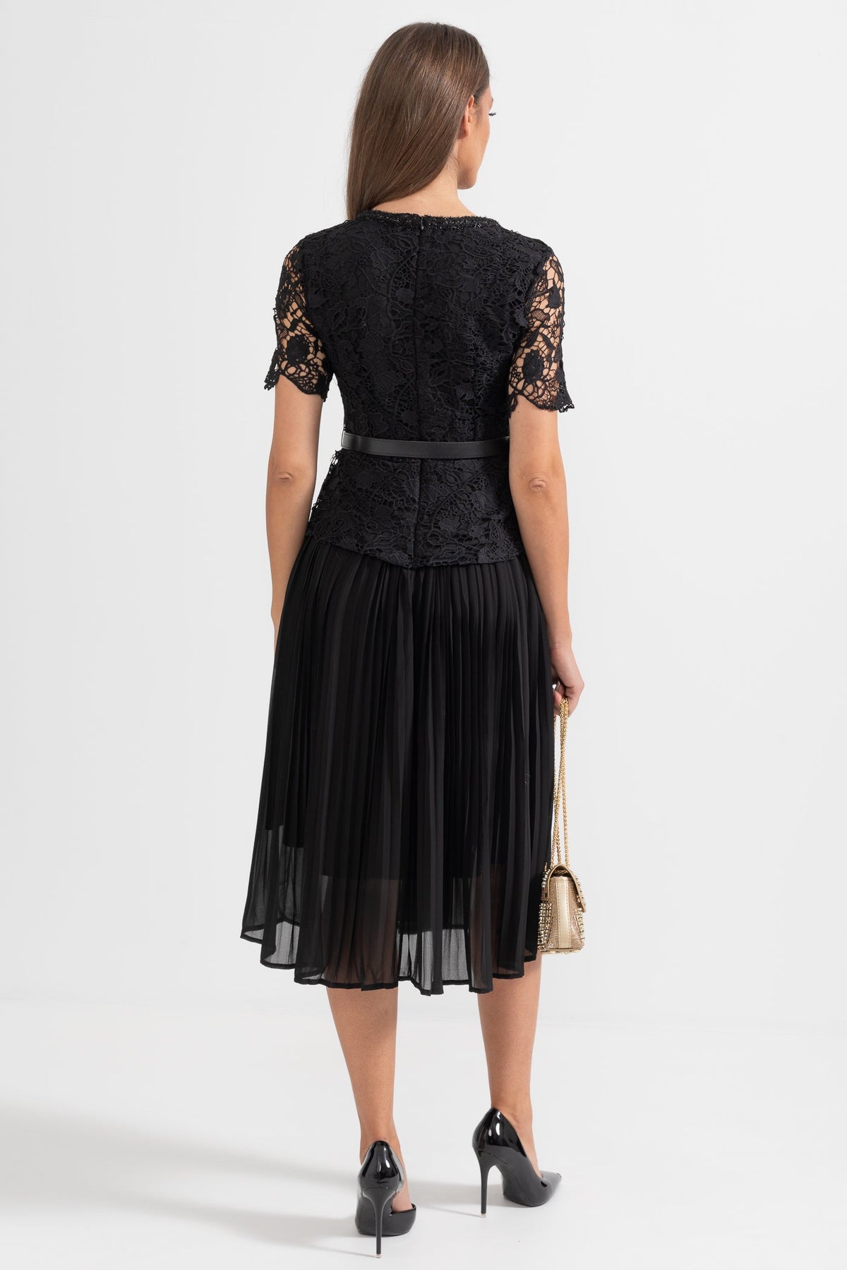 Lace Short Sleeve Scoop Neck Button Front Belted Pleated Midi Dress - View 7