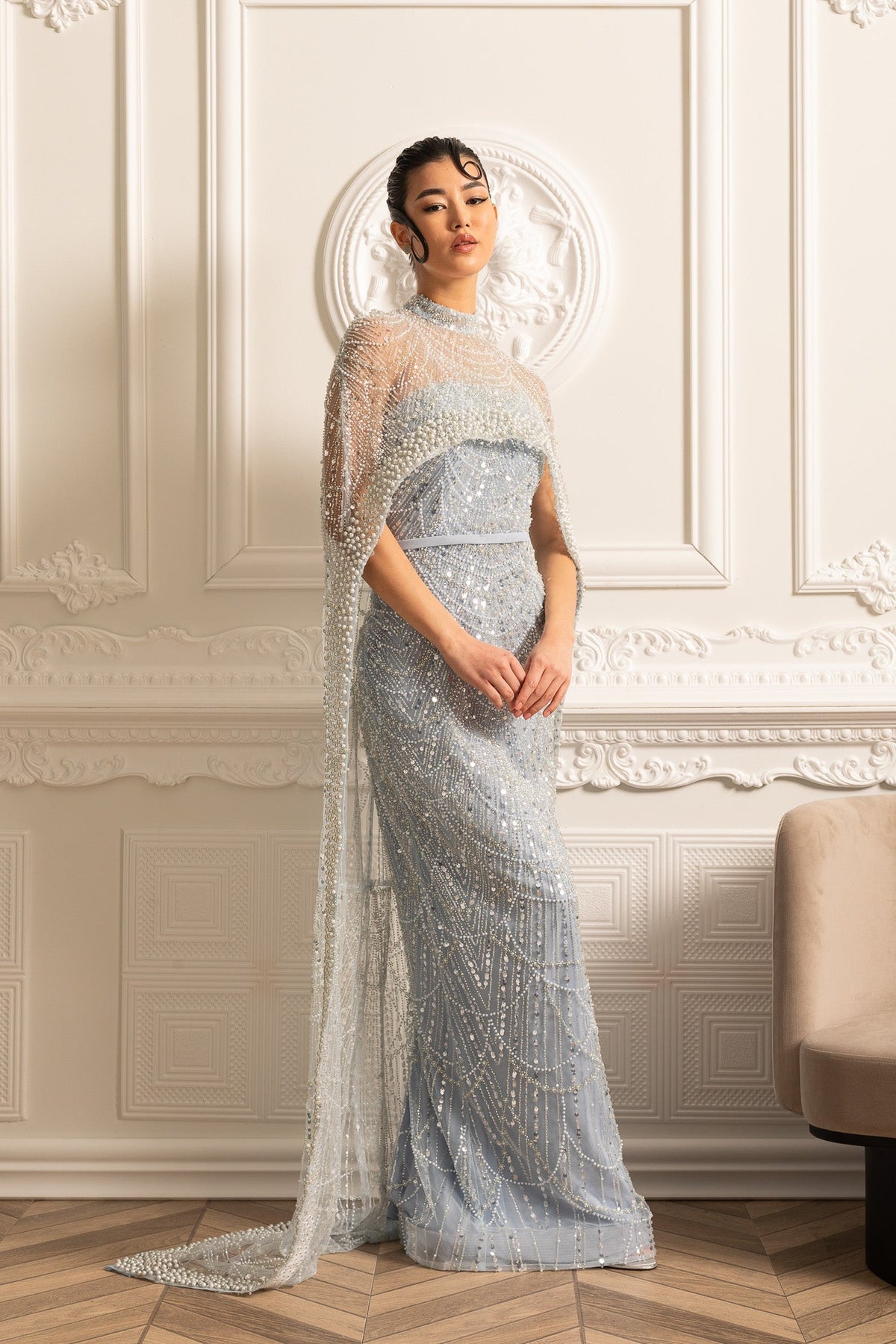 Pearl Chest Band Beaded Mesh Cape Overlay Column Maxi Gown - View 6