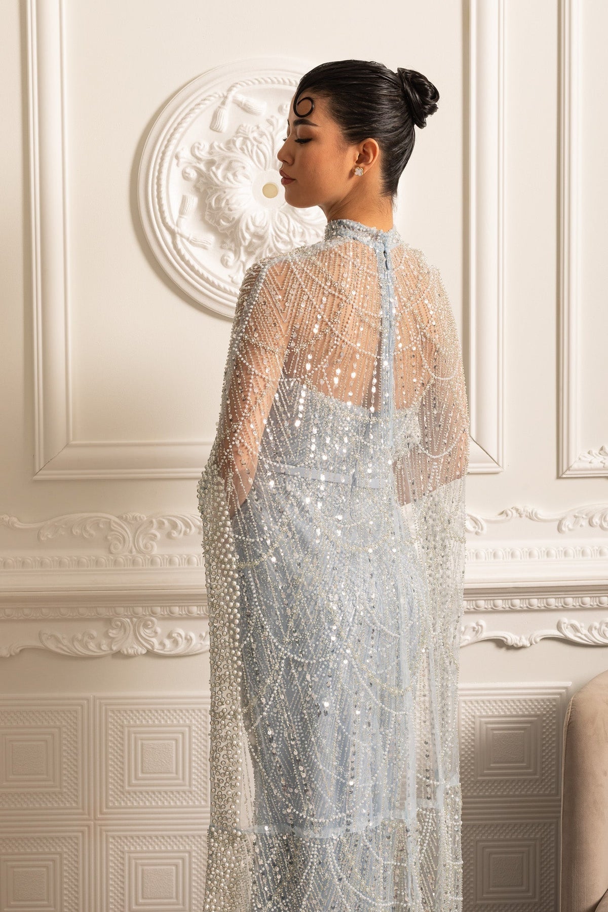 Pearl Chest Band Beaded Mesh Cape Overlay Column Maxi Gown - View 13
