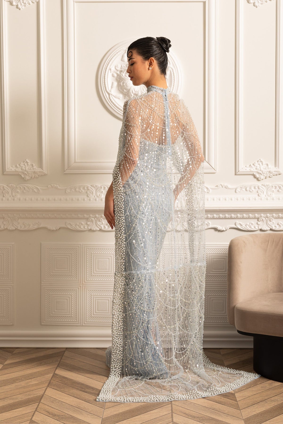 Pearl Chest Band Beaded Mesh Cape Overlay Column Maxi Gown - View 4