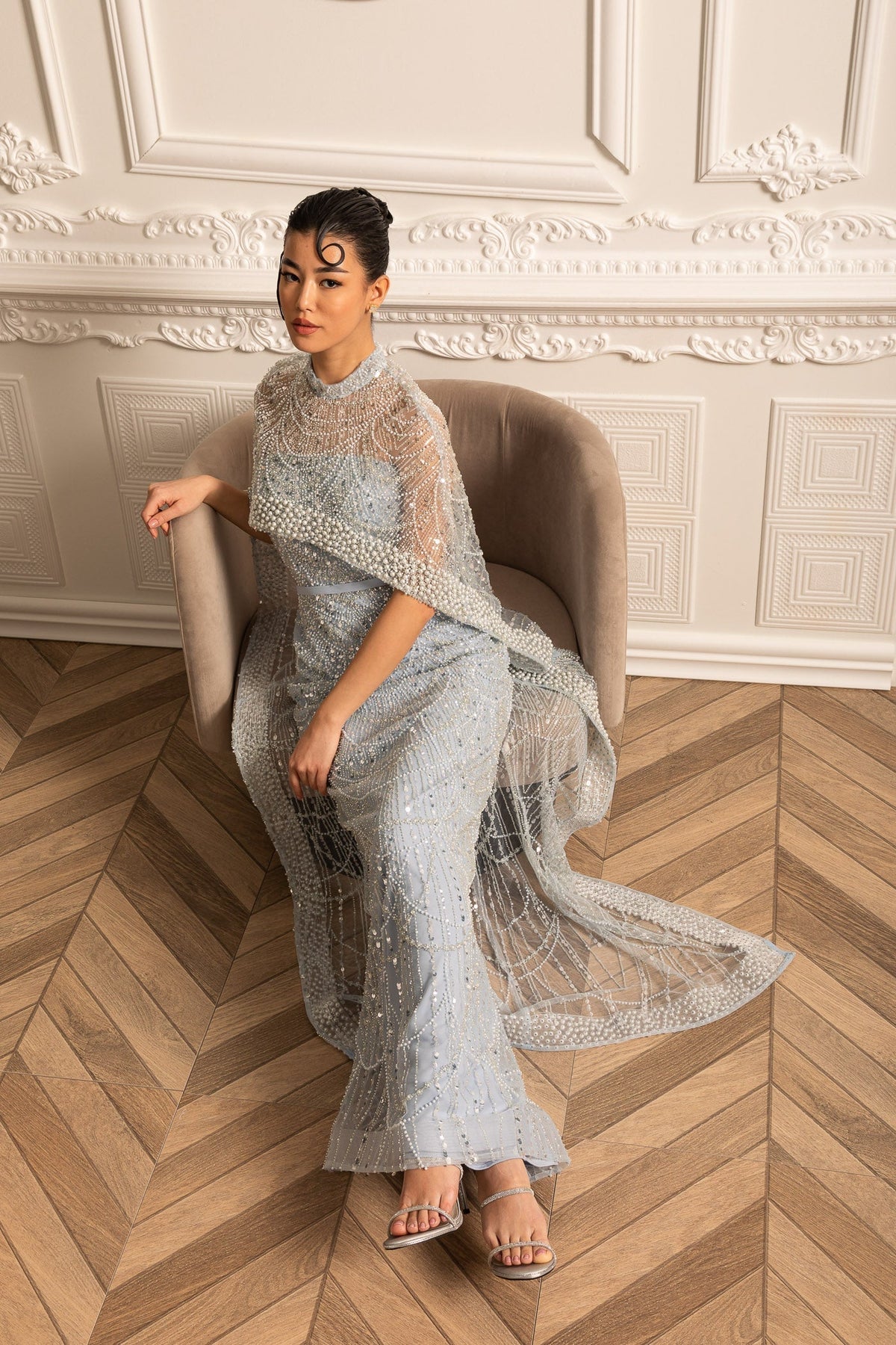 Pearl Chest Band Beaded Mesh Cape Overlay Column Maxi Gown - View 14