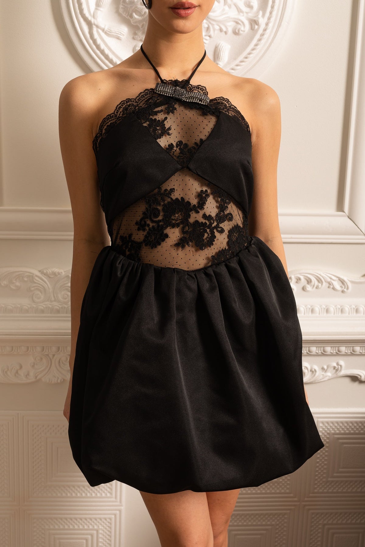 Mini Dress With Ruffled Skirt And Sheer Floral Lace Patterns - Black - View 6