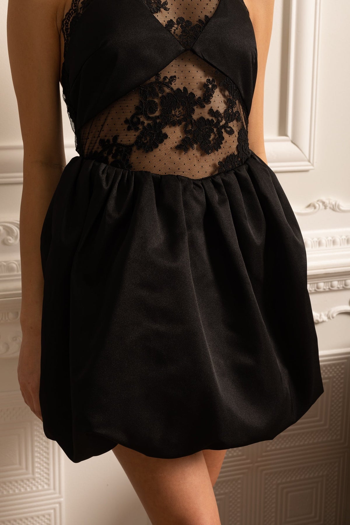 Mini Dress With Ruffled Skirt And Sheer Floral Lace Patterns - Black - View 7