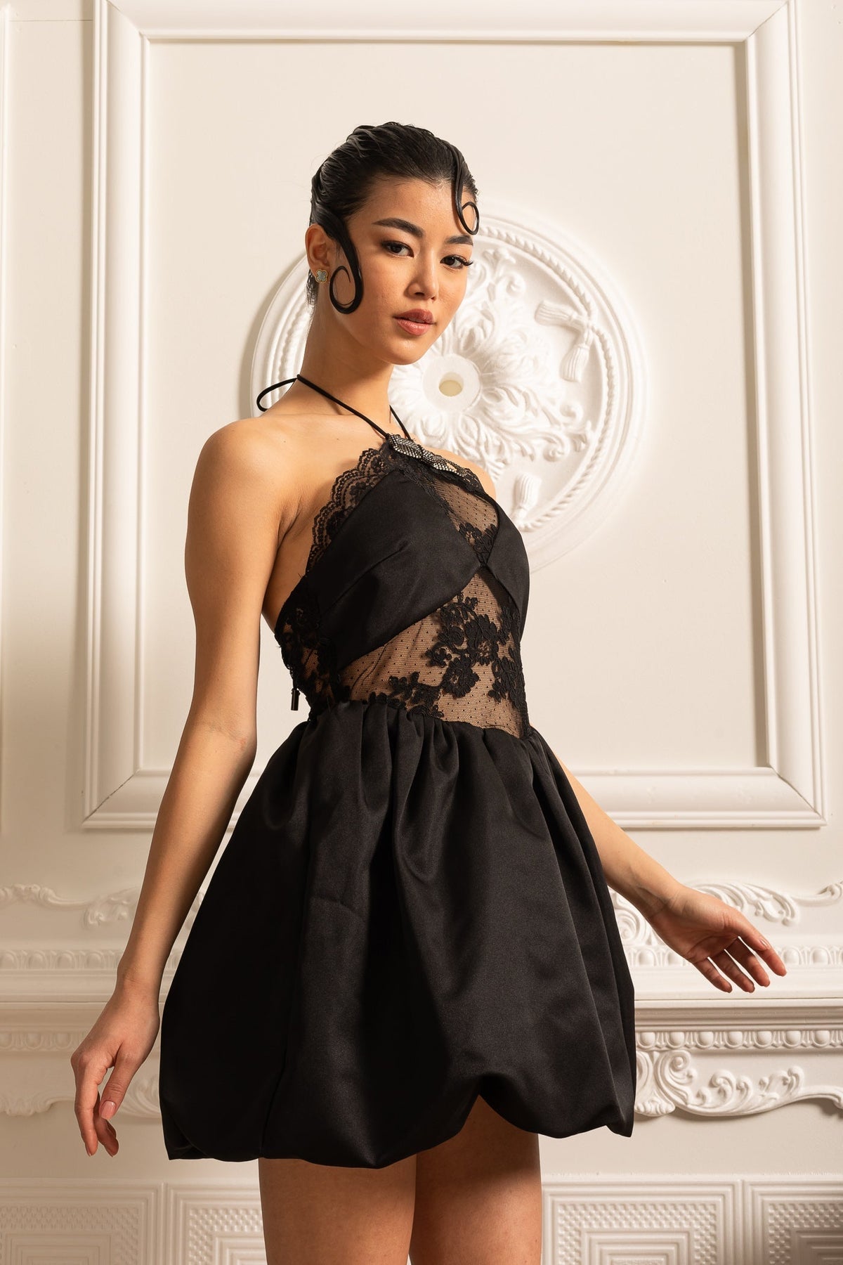 Mini Dress With Ruffled Skirt And Sheer Floral Lace Patterns - Black - View 11