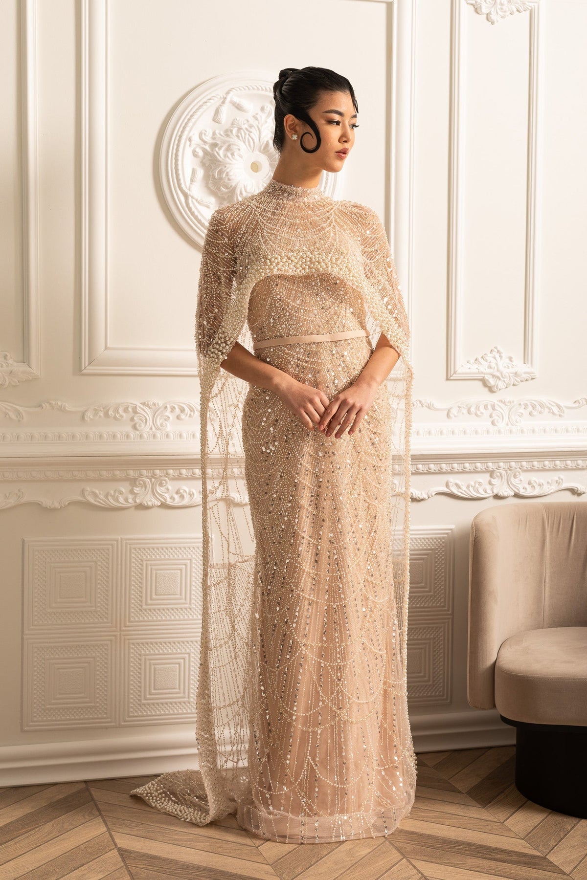 Scalloped Pearl Trim Beaded Mesh Cape Overlay Column Maxi Gown - View 9