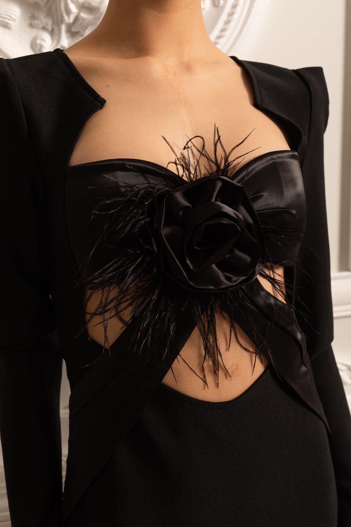 Long Sleeve Cut Out Rosette Feather Structured Column Maxi Gown - View 6