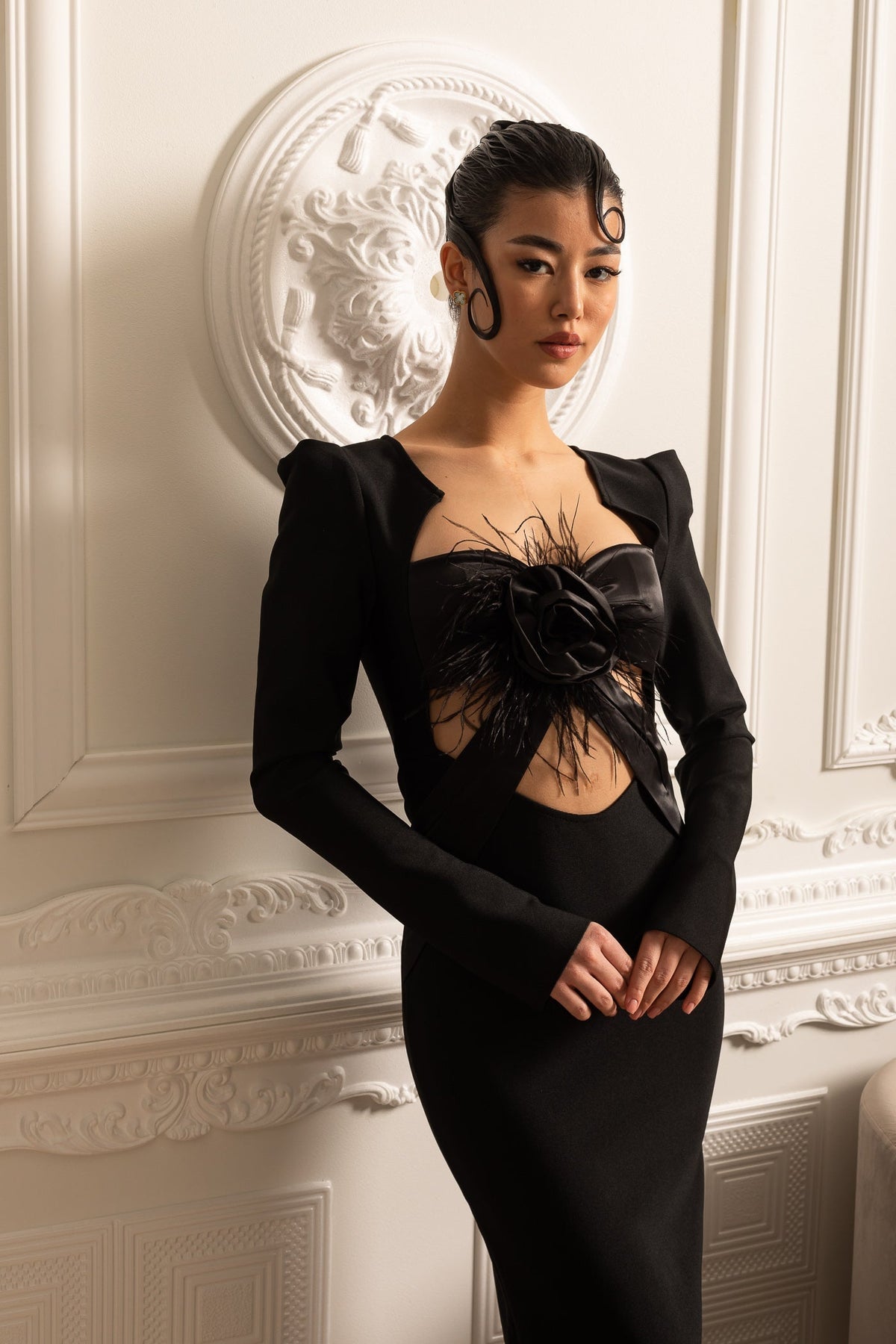 Long Sleeve Cut Out Rosette Feather Structured Column Maxi Gown - View 7