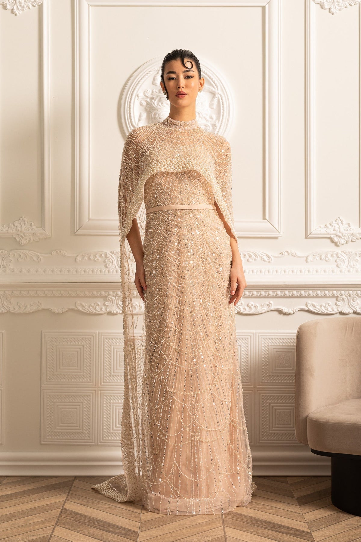 Scalloped Pearl Trim Beaded Mesh Cape Overlay Column Maxi Gown - View 11