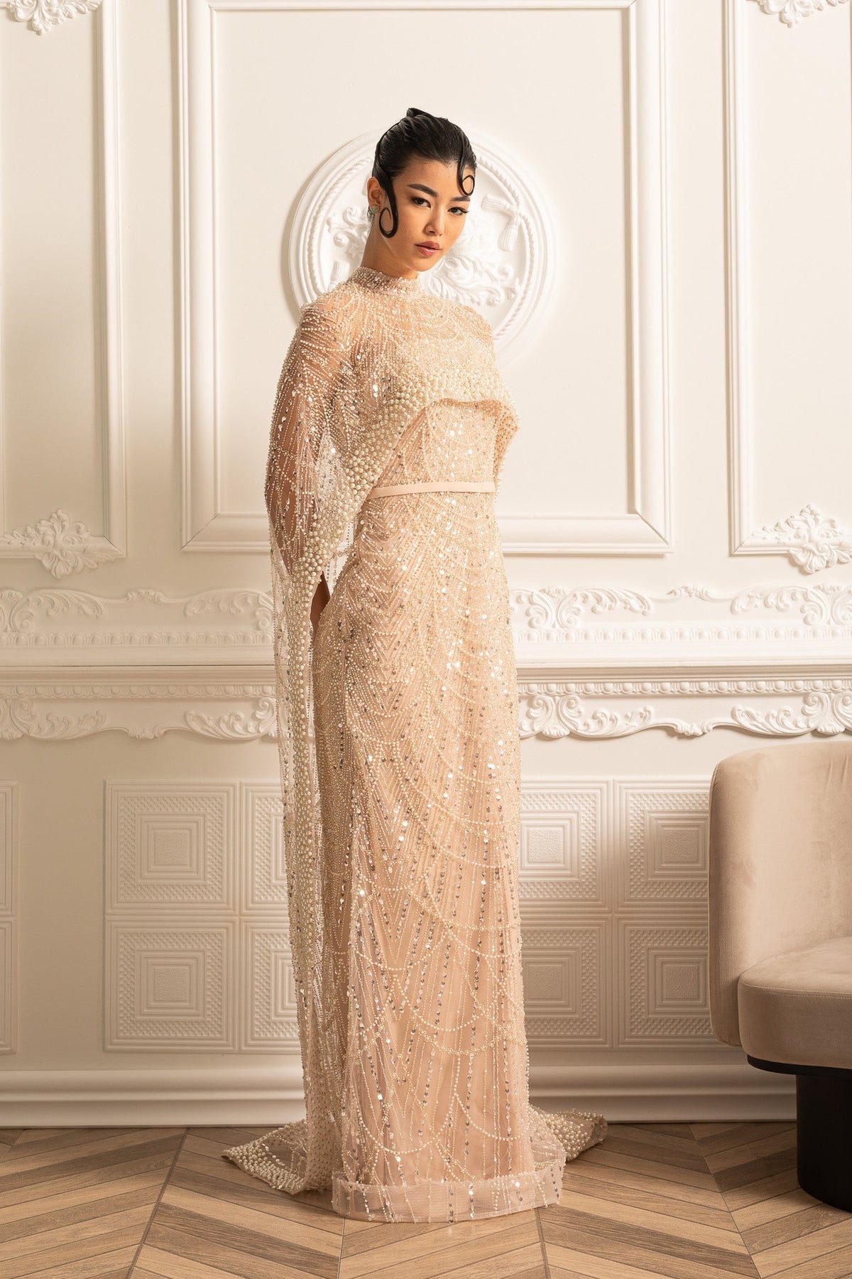 Scalloped Pearl Trim Beaded Mesh Cape Overlay Column Maxi Gown - View 12