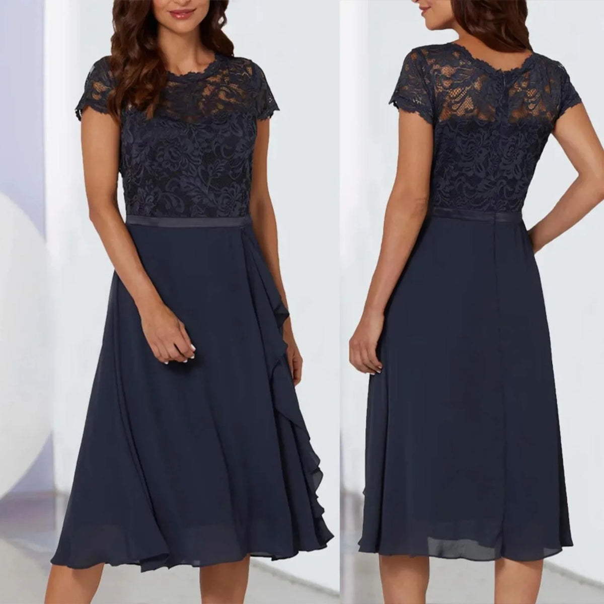 Floral Lace Cap Sleeve Jewel Neck Side Ruffle Cascade Midi Dress