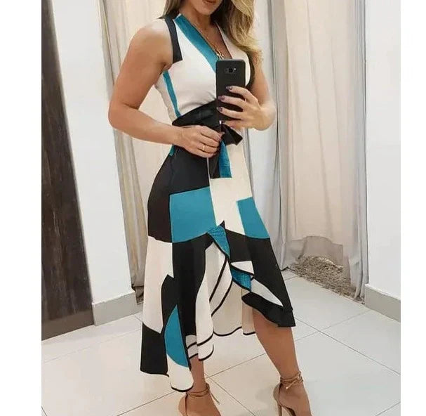 Deep V-Neck Wide Strap Tie Belt Asymmetric Ruffle Hem Midi Dress - View 6