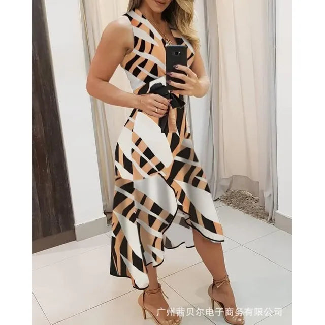 Deep V-Neck Wide Strap Tie Belt Asymmetric Ruffle Hem Midi Dress - View 9
