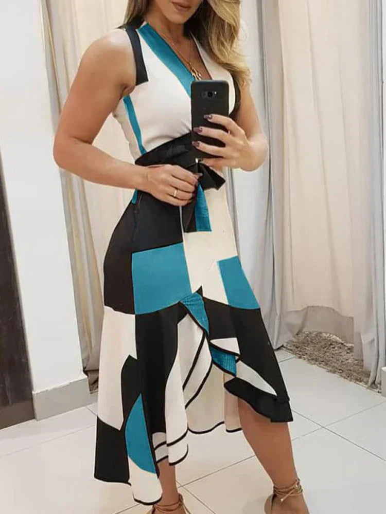 Deep V-Neck Wide Strap Tie Belt Asymmetric Ruffle Hem Midi Dress - View 5