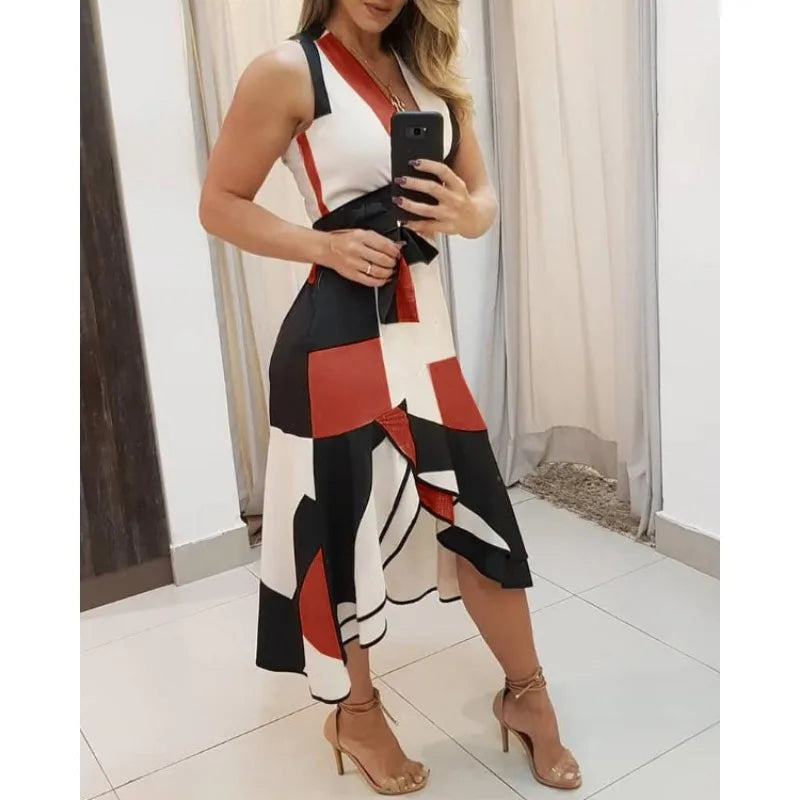 Deep V-Neck Wide Strap Tie Belt Asymmetric Ruffle Hem Midi Dress - View 3