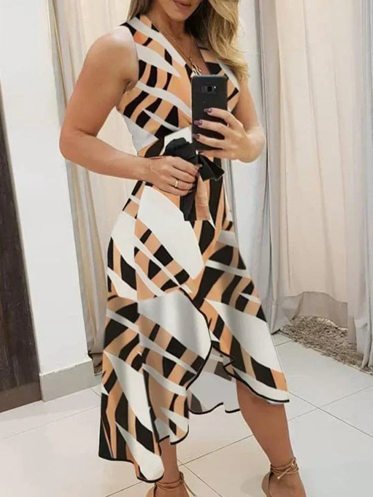 Deep V-Neck Wide Strap Tie Belt Asymmetric Ruffle Hem Midi Dress - View 4