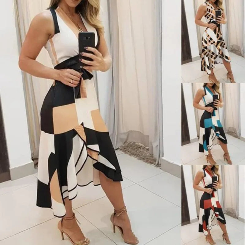 Deep V-Neck Wide Strap Tie Belt Asymmetric Ruffle Hem Midi Dress