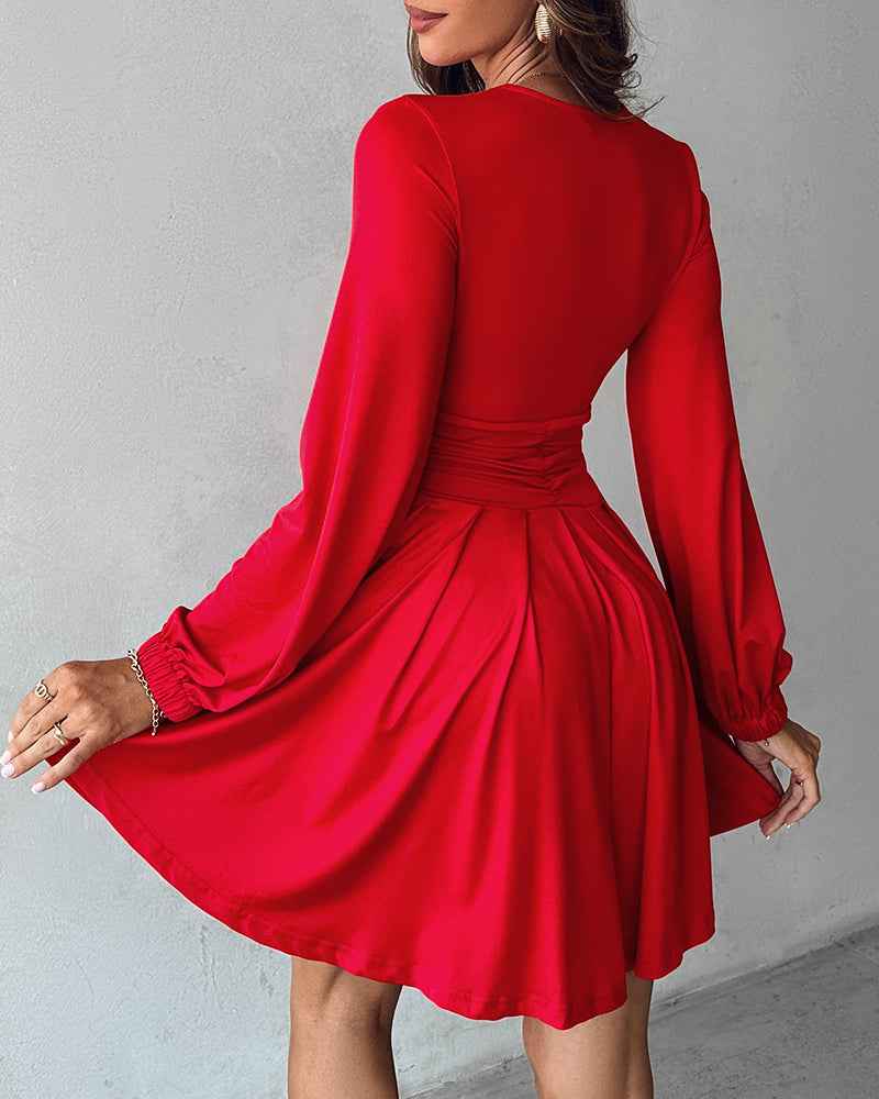 Deep V-Neck Ruched Button Front Long Sleeve A-Line Mini Dress - View 7