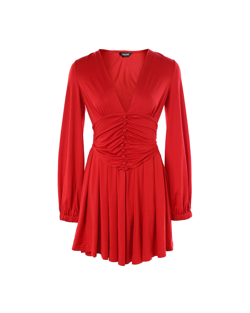 Deep V-Neck Ruched Button Front Long Sleeve A-Line Mini Dress - View 5