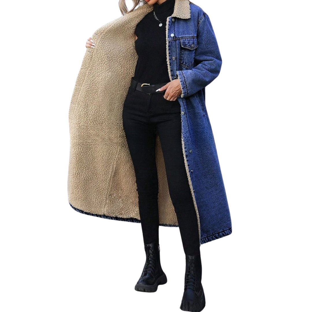 Spread Collar Button Front Fleece Lined Longline Denim Jacket 3