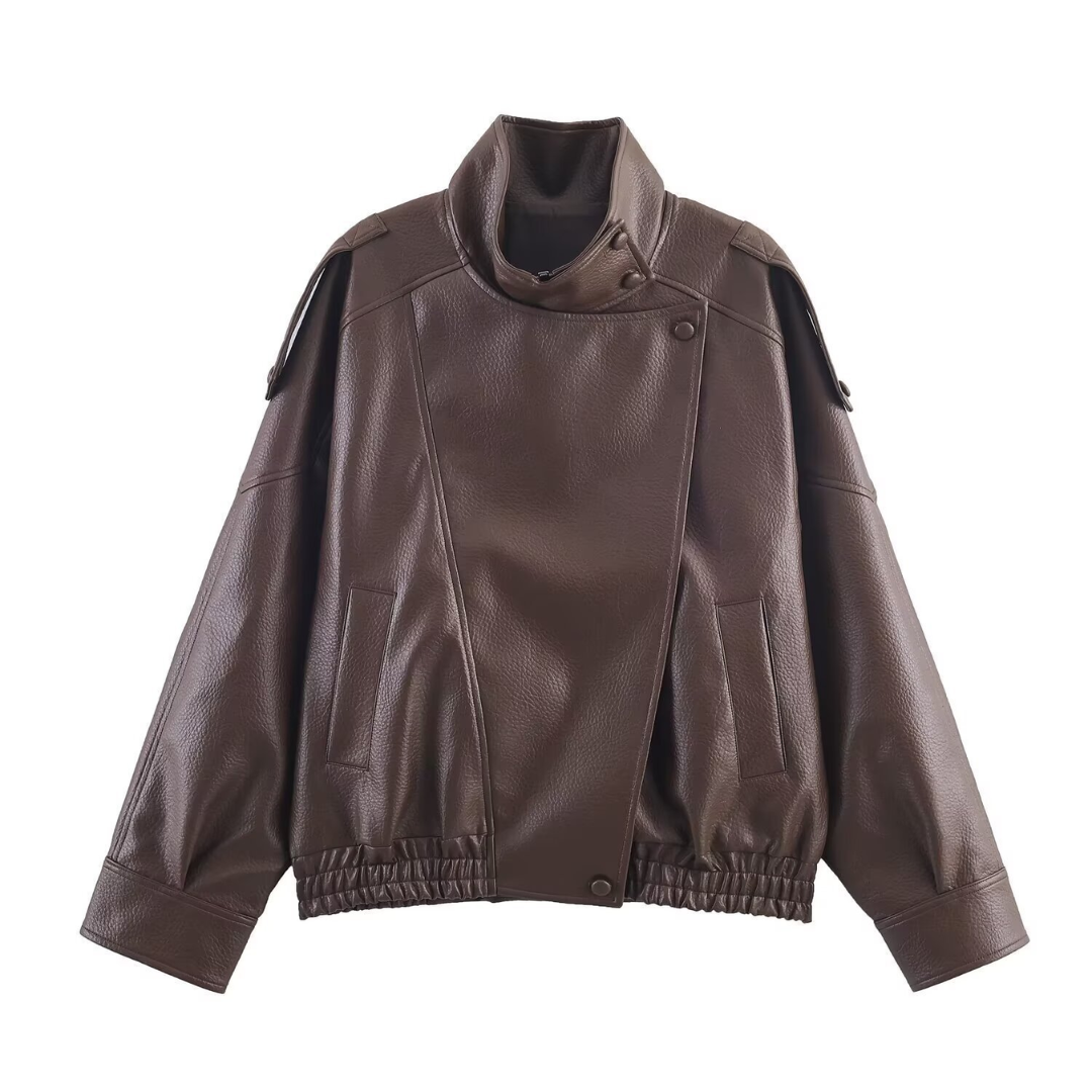 Faux Leather Stand Collar Oversized Bomber Jacket 3