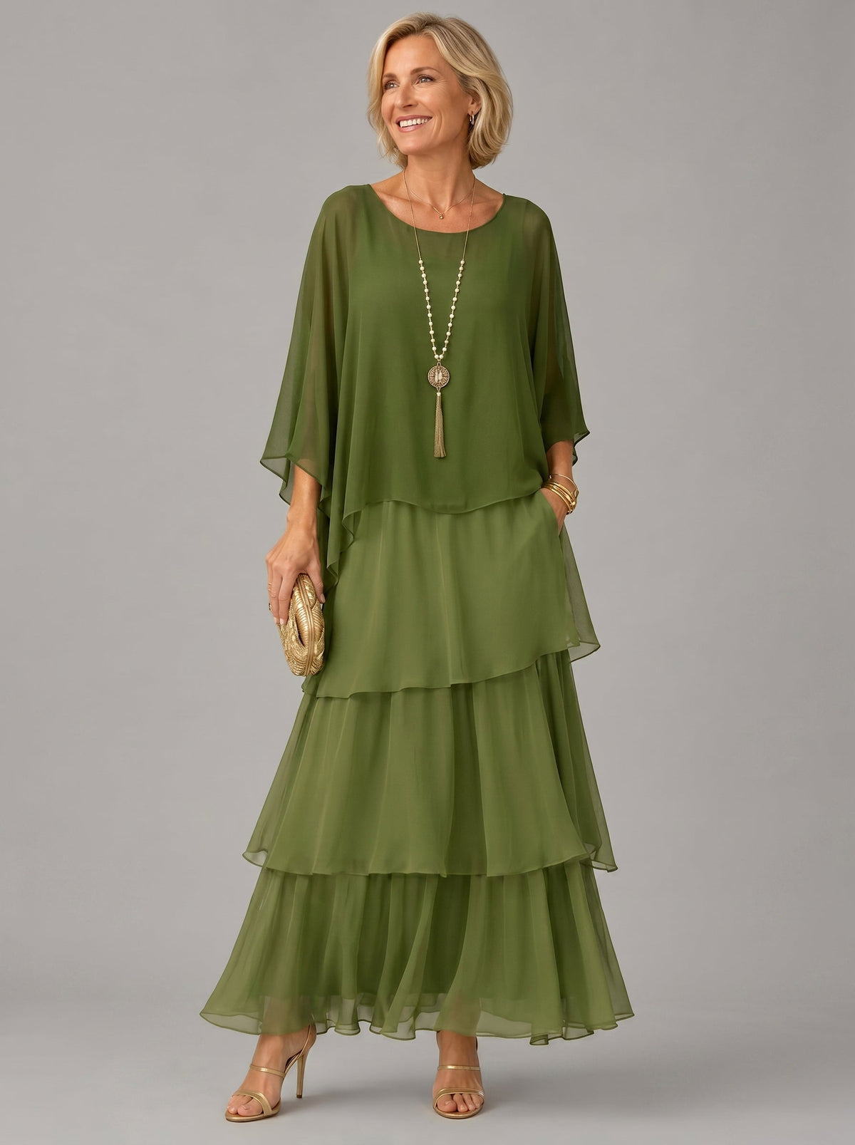 Round Neck Flutter Sleeve Tiered Chiffon Maxi Dress 2