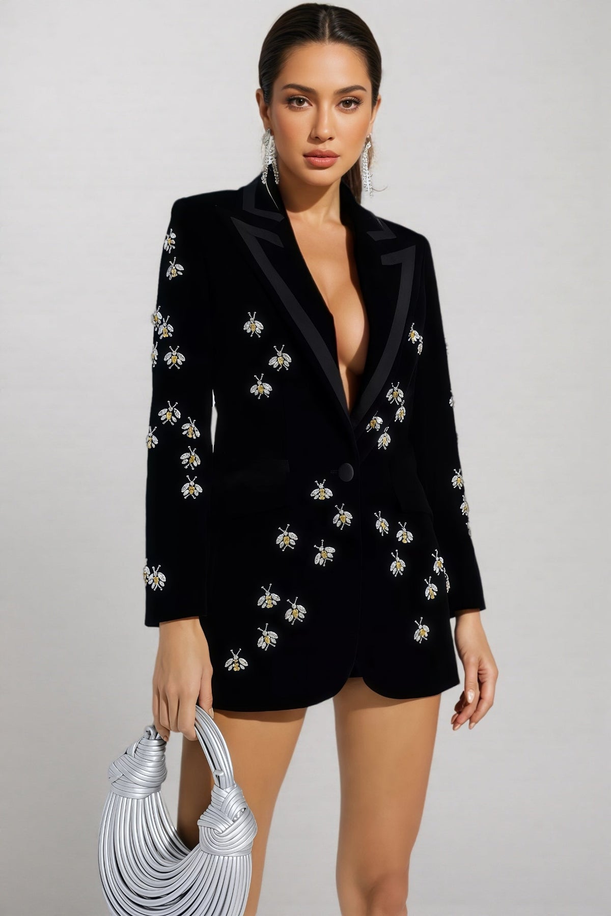 Velvet Crystal Bee Embellished Deep V-Neck Blazer Mini Dress - View 3
