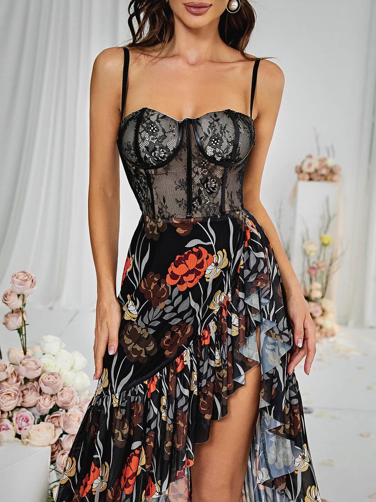 Floral Print Corset Spaghetti Strap High Low Midi Dress - View 6