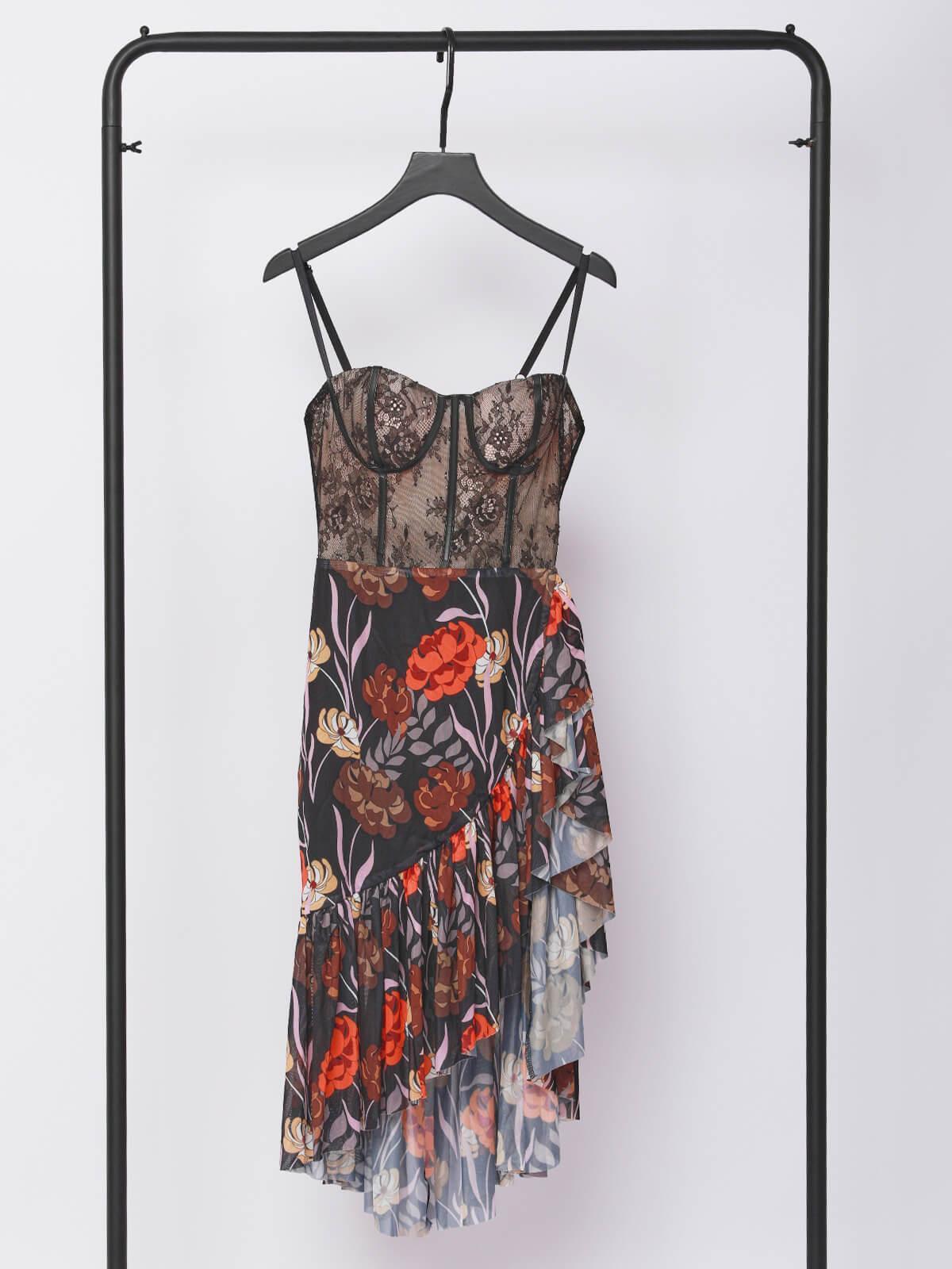 Floral Print Lace Bustier Spaghetti Strap High Low Midi Dress - View 8