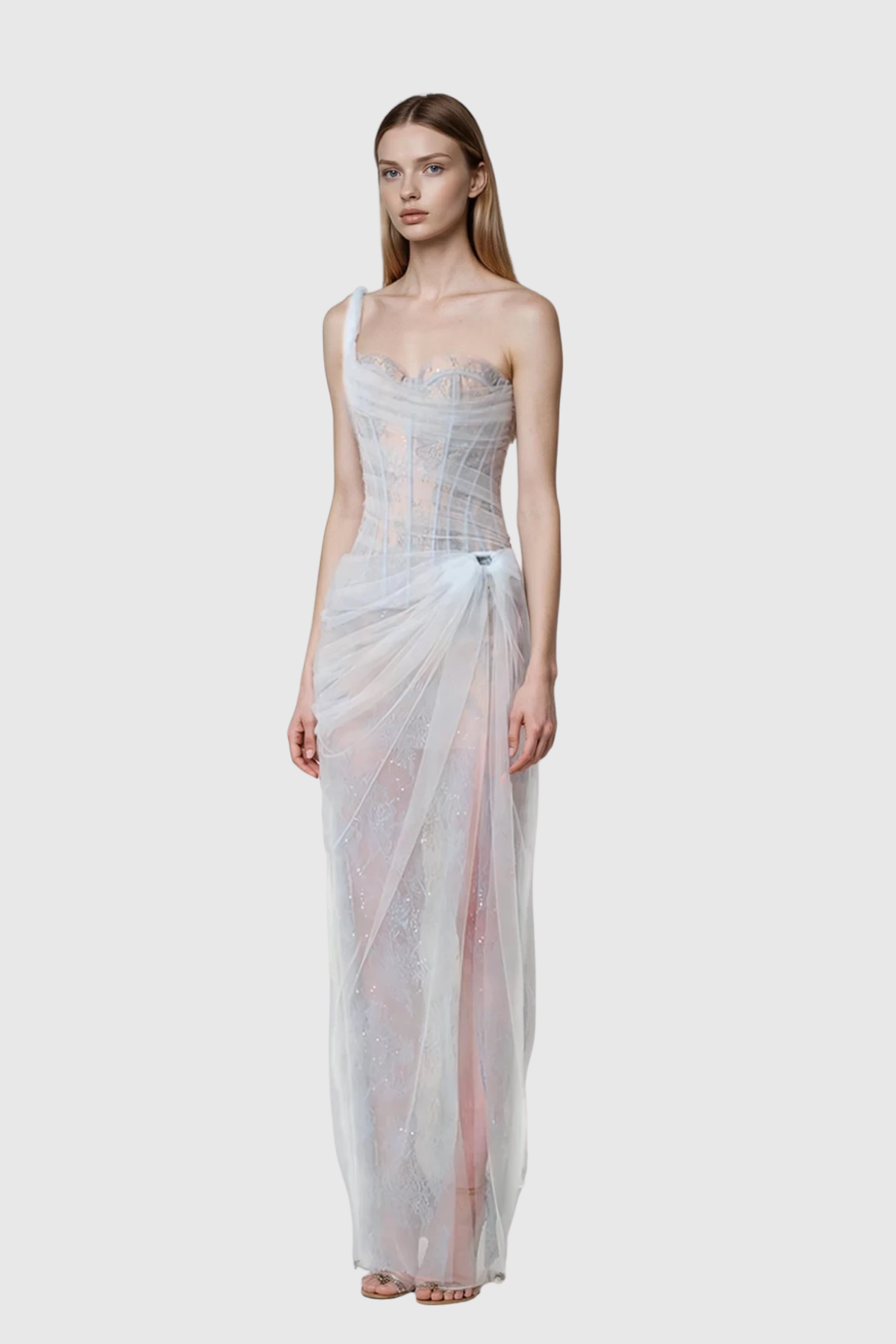 Dechen One Shoulder Corset Mesh Maxi Dress In Blue - View 4