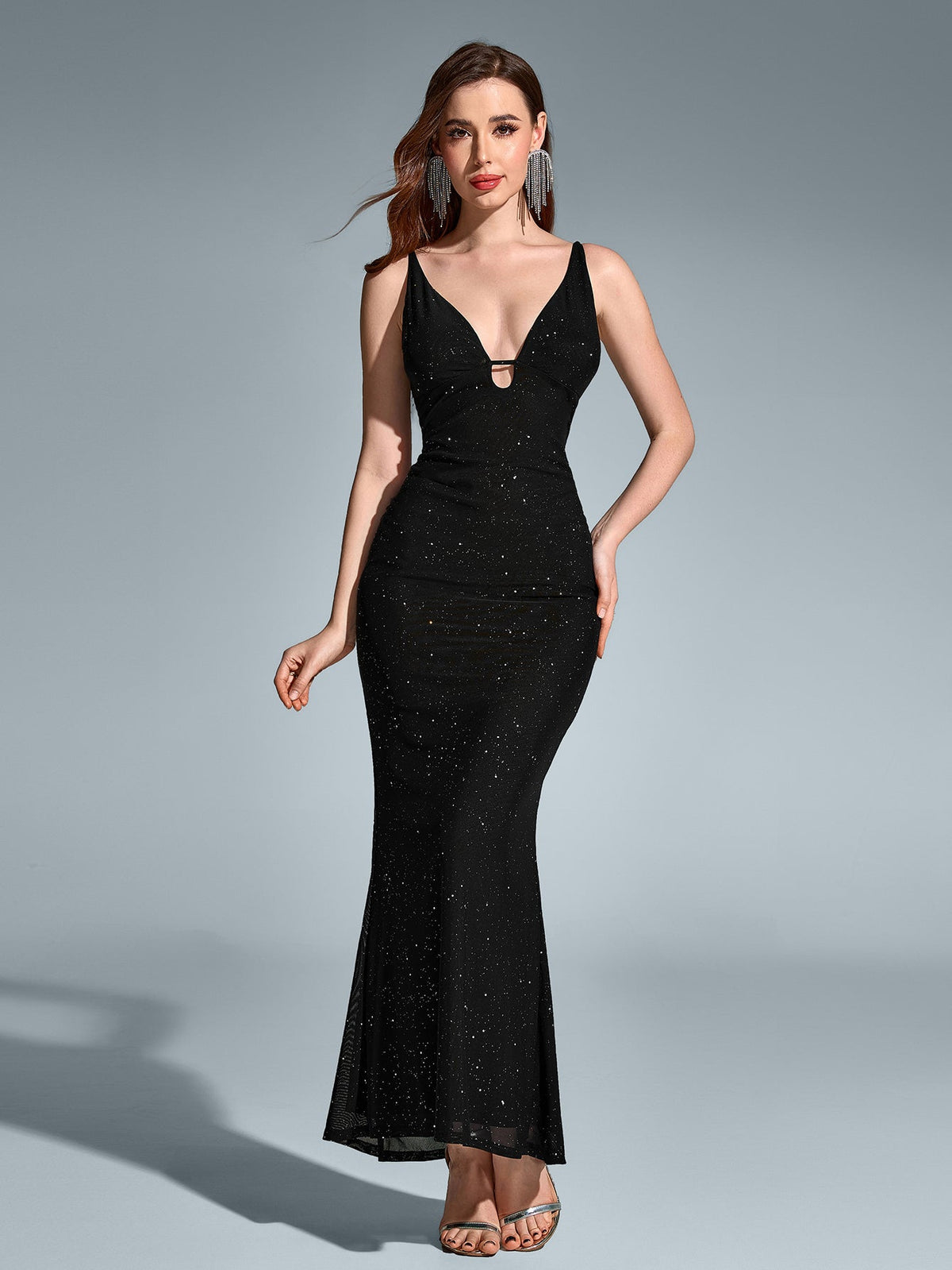 Deep V-Neck Backless Mermaid Mesh Sequin Dress