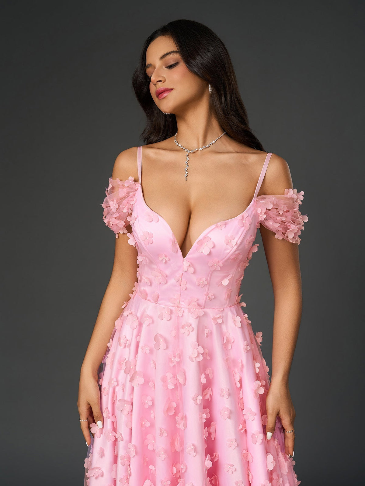 Off Shoulder Deep V-Neck 3D Floral A-Line Maxi Prom Dress - View 6