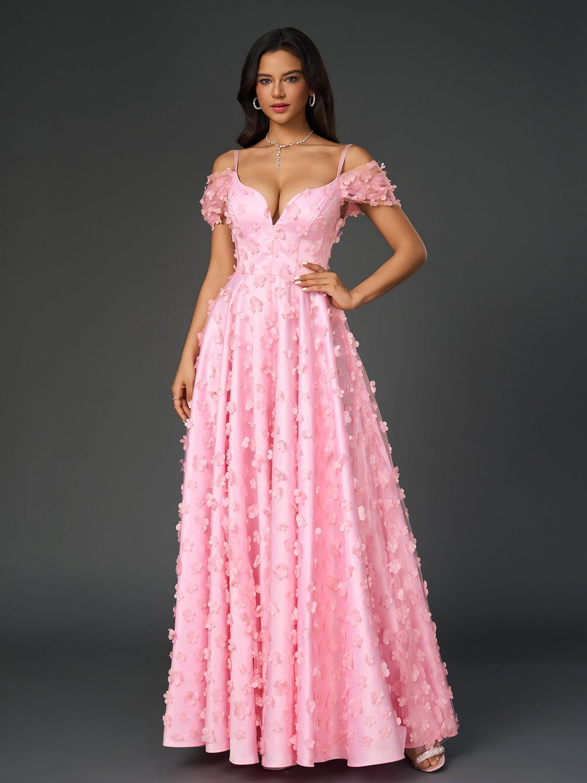 Off Shoulder Deep V-Neck 3D Floral A-Line Maxi Prom Dress - View 4
