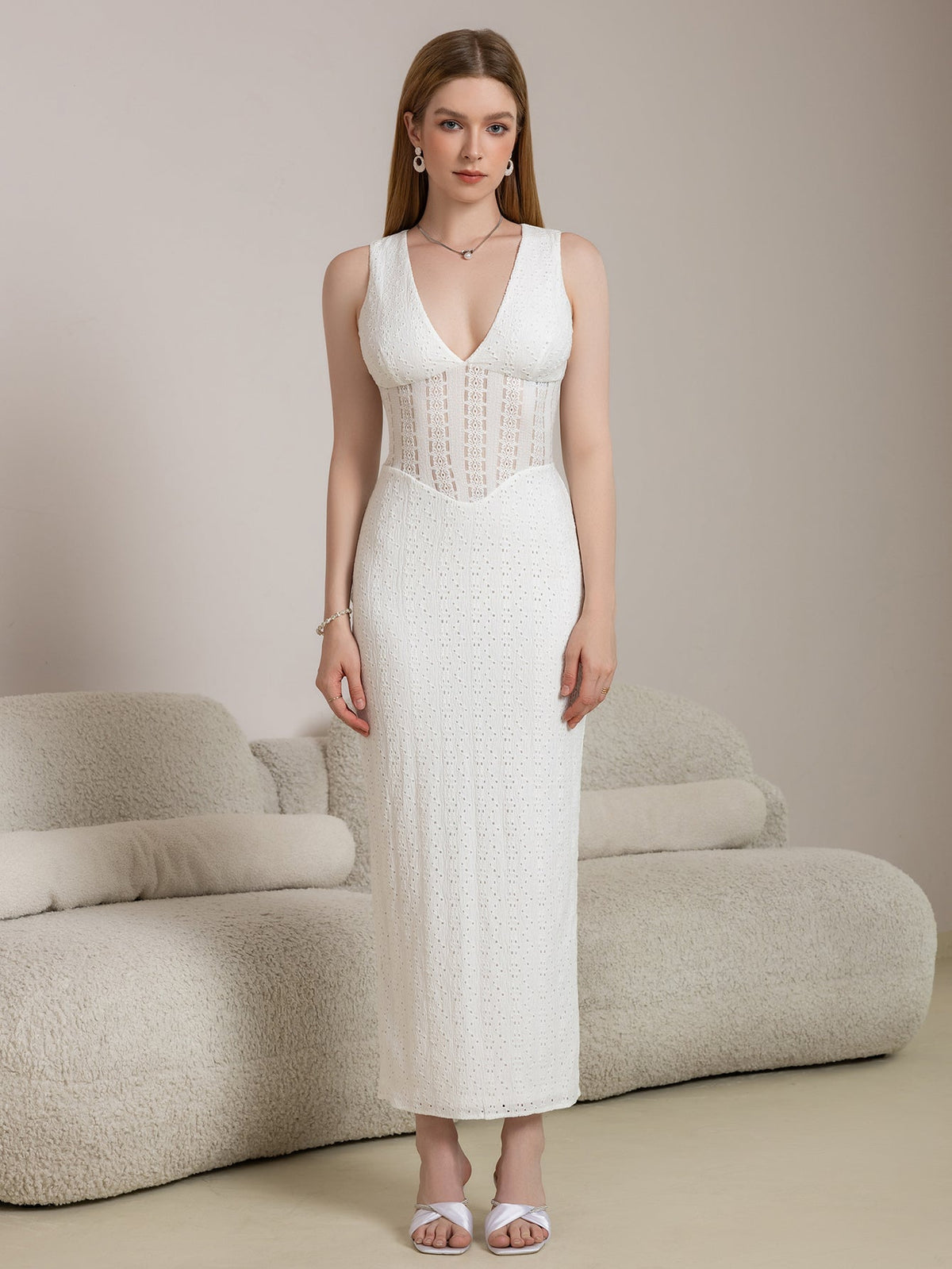 Deep V-Neck Split Thigh Jacquard Lace Dress - View 8