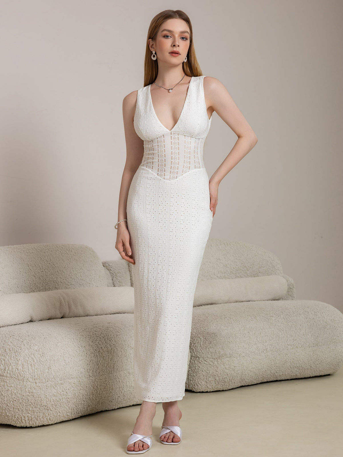 Deep V-Neck Split Thigh Jacquard Lace Dress