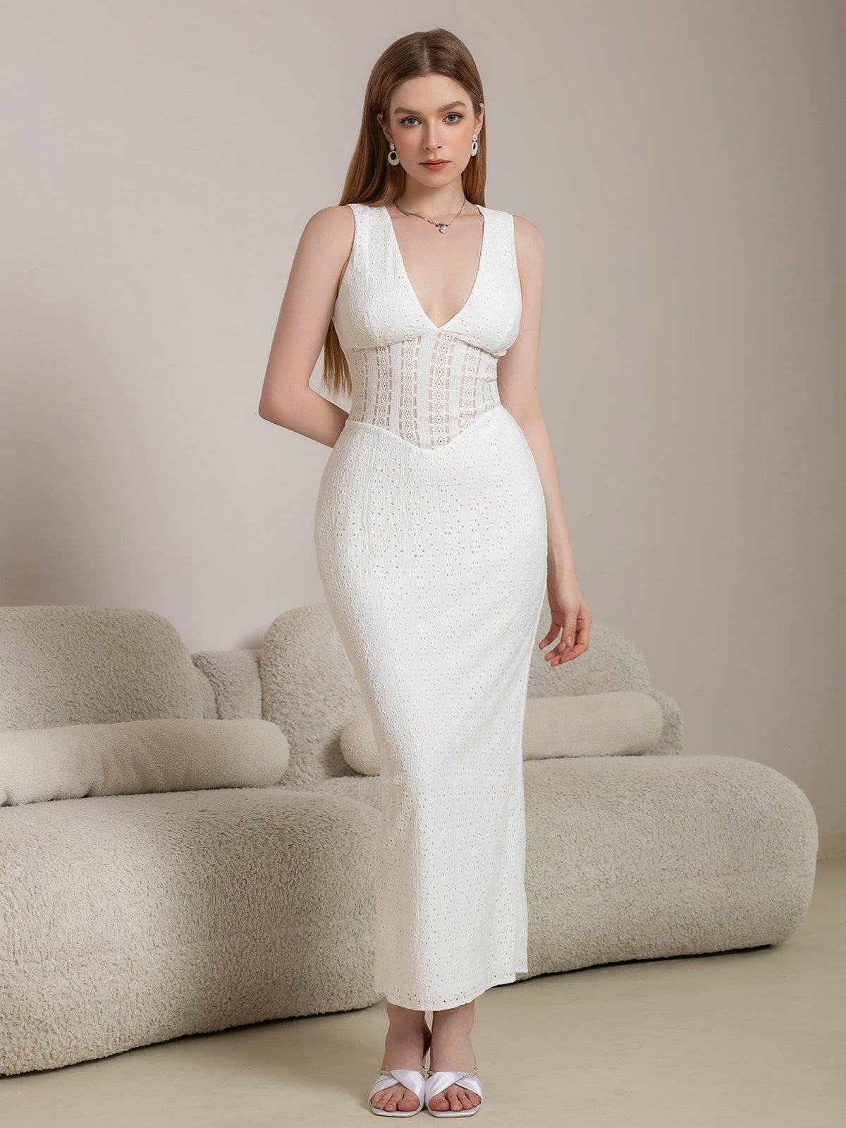 Deep V-Neck Split Thigh Jacquard Lace Dress - View 6