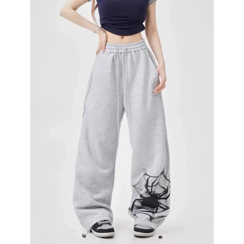 High Waist Drawstring Spider Graphic Baggy Sweatpants