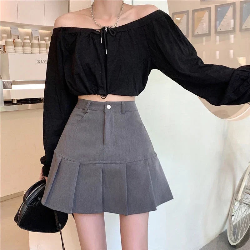 High-Waist Pleated Denim Mini Skort