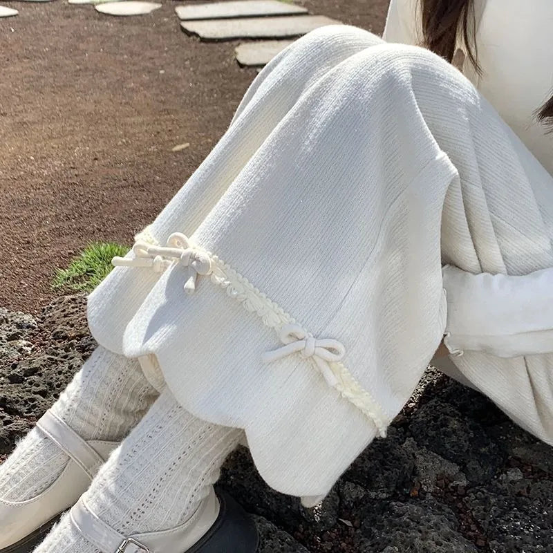 Bow Lace Corduroy Wide Leg Pants