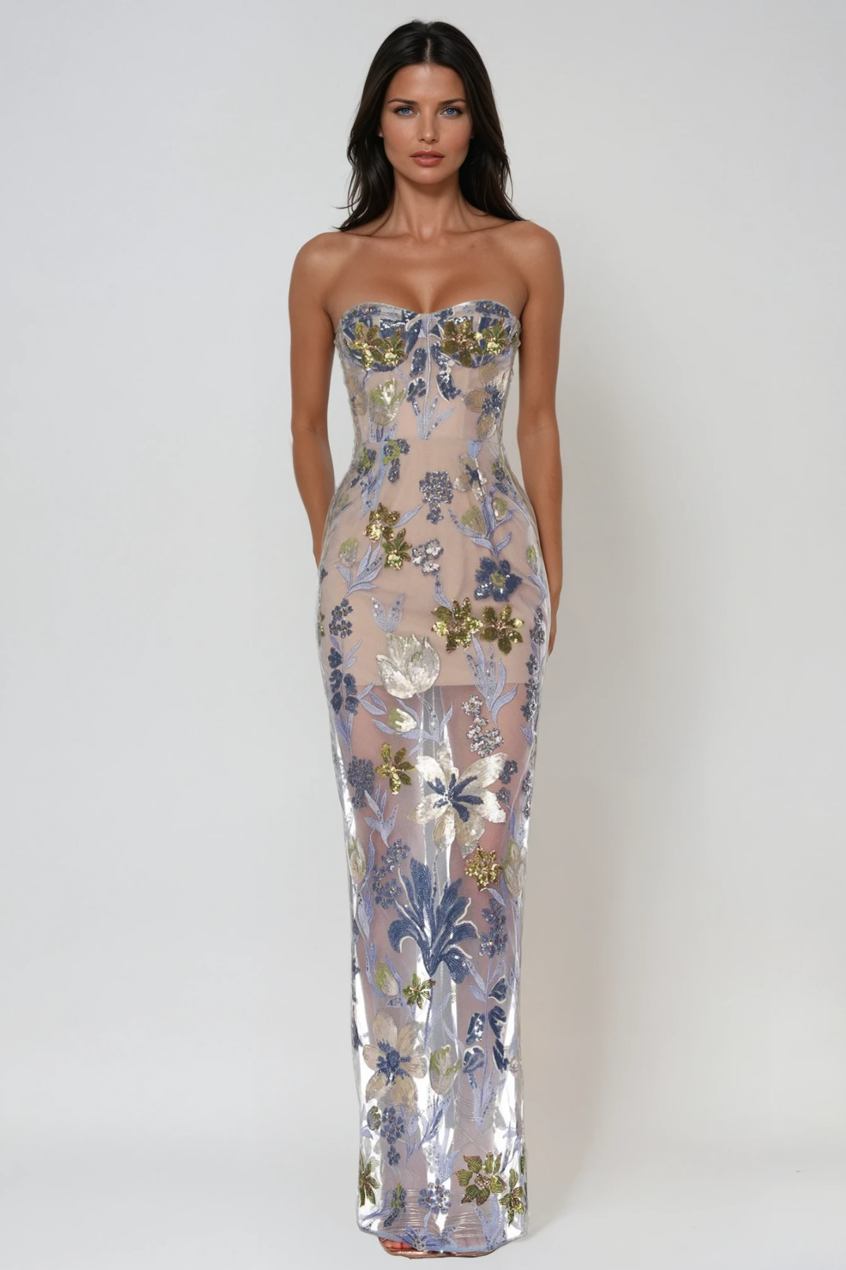 Strapless Sweetheart Floral Sequin Sheer Mesh Maxi Gown - View 2