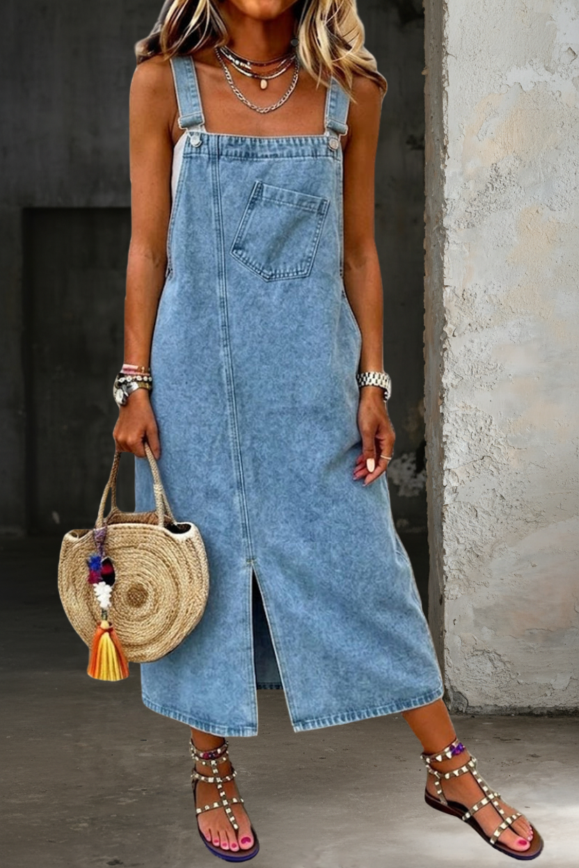 Square Neck Front Slit Denim Pinafore Midi Dress