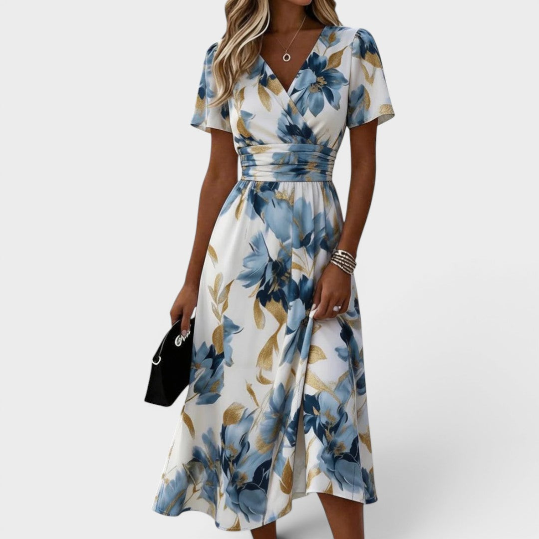 Floral V-Neck Flutter Sleeve Ruched Waist Midi Dress 2