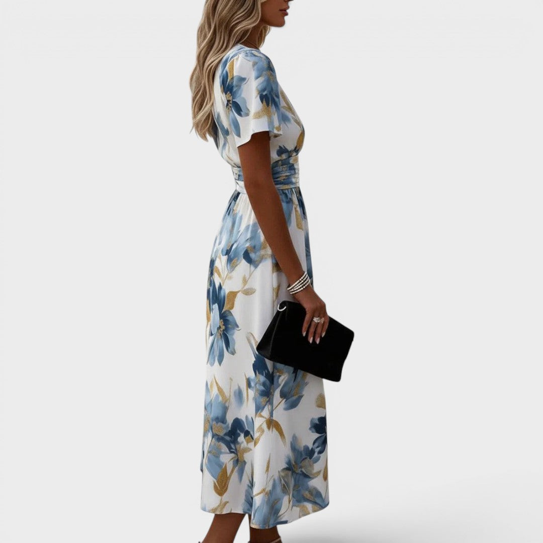 Floral Print Deep V-Neck Short Sleeve Wrap Midi Dress 2
