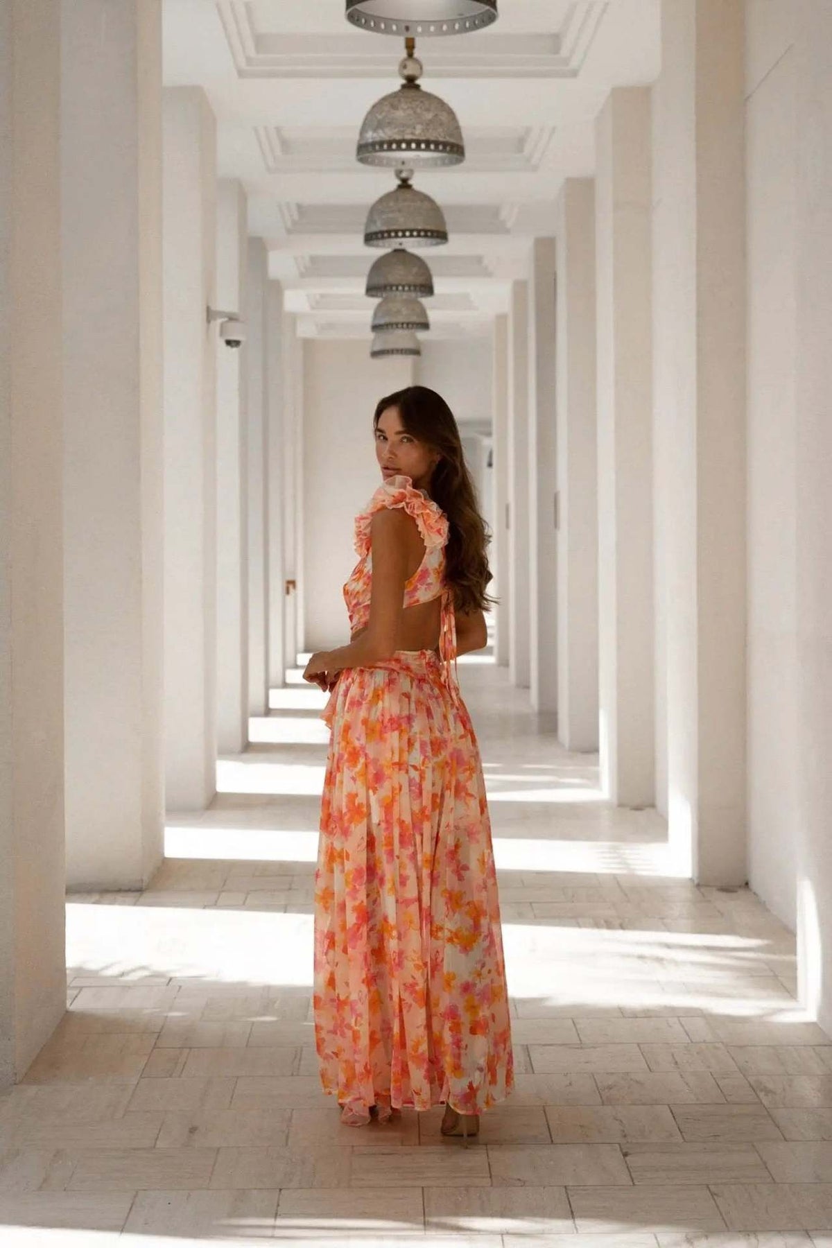 Floral Print Deep V-Neck Ruffle Shoulder Cut Out Maxi Dress - View 10