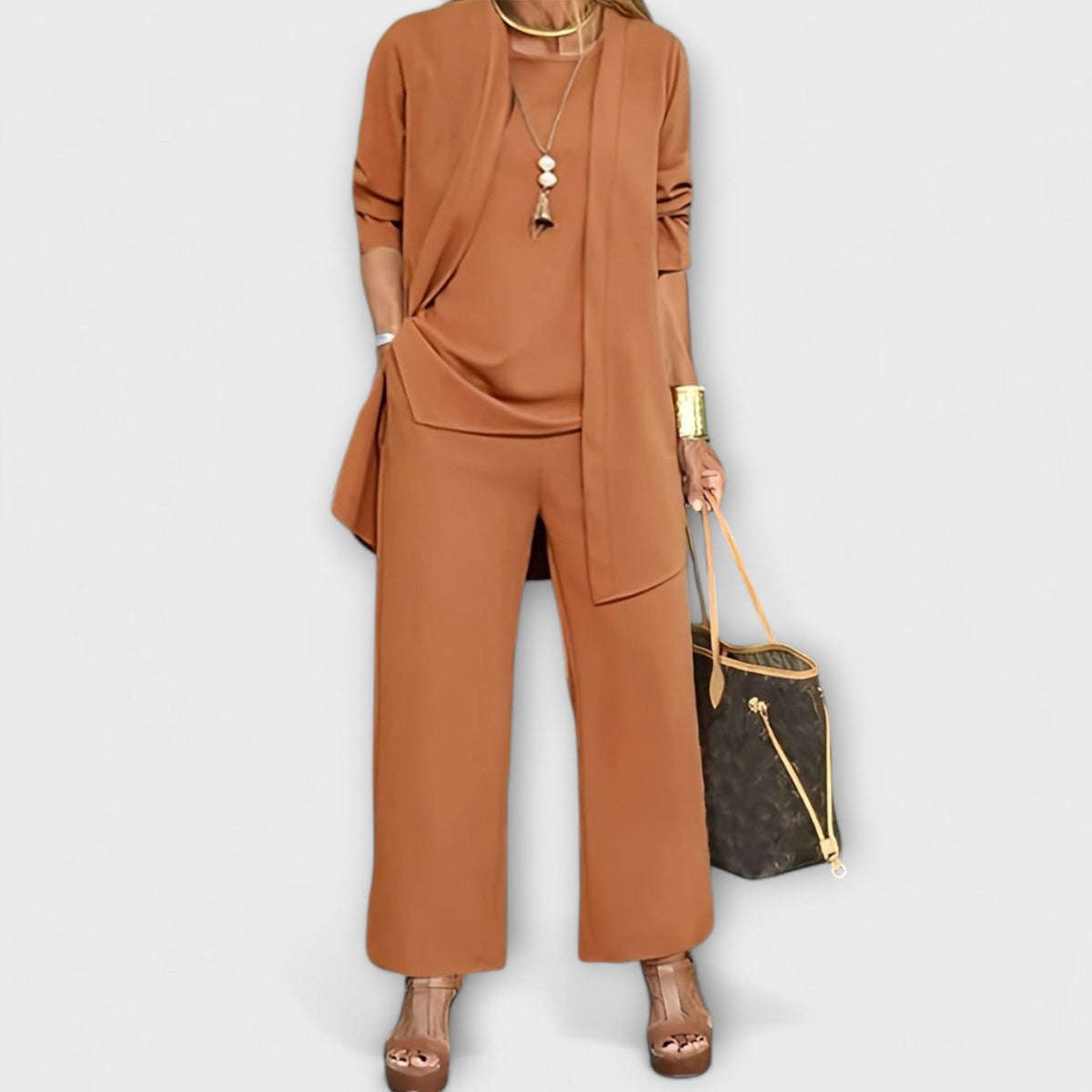 Longline Duster Cardigan Top and Wide Leg Pants Three Piece Set 2