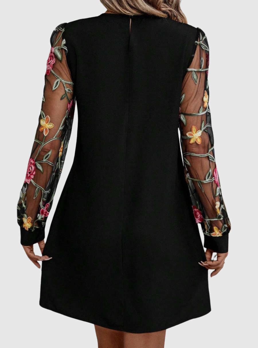 Keyhole Neck Floral Embroidered Mesh Sleeve Shift Mini Dress 3