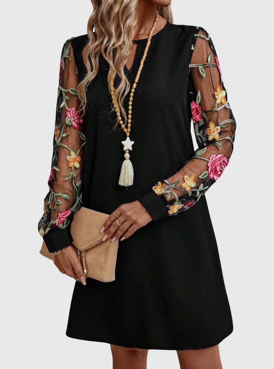 Keyhole Neck Floral Embroidered Mesh Sleeve Shift Mini Dress 4