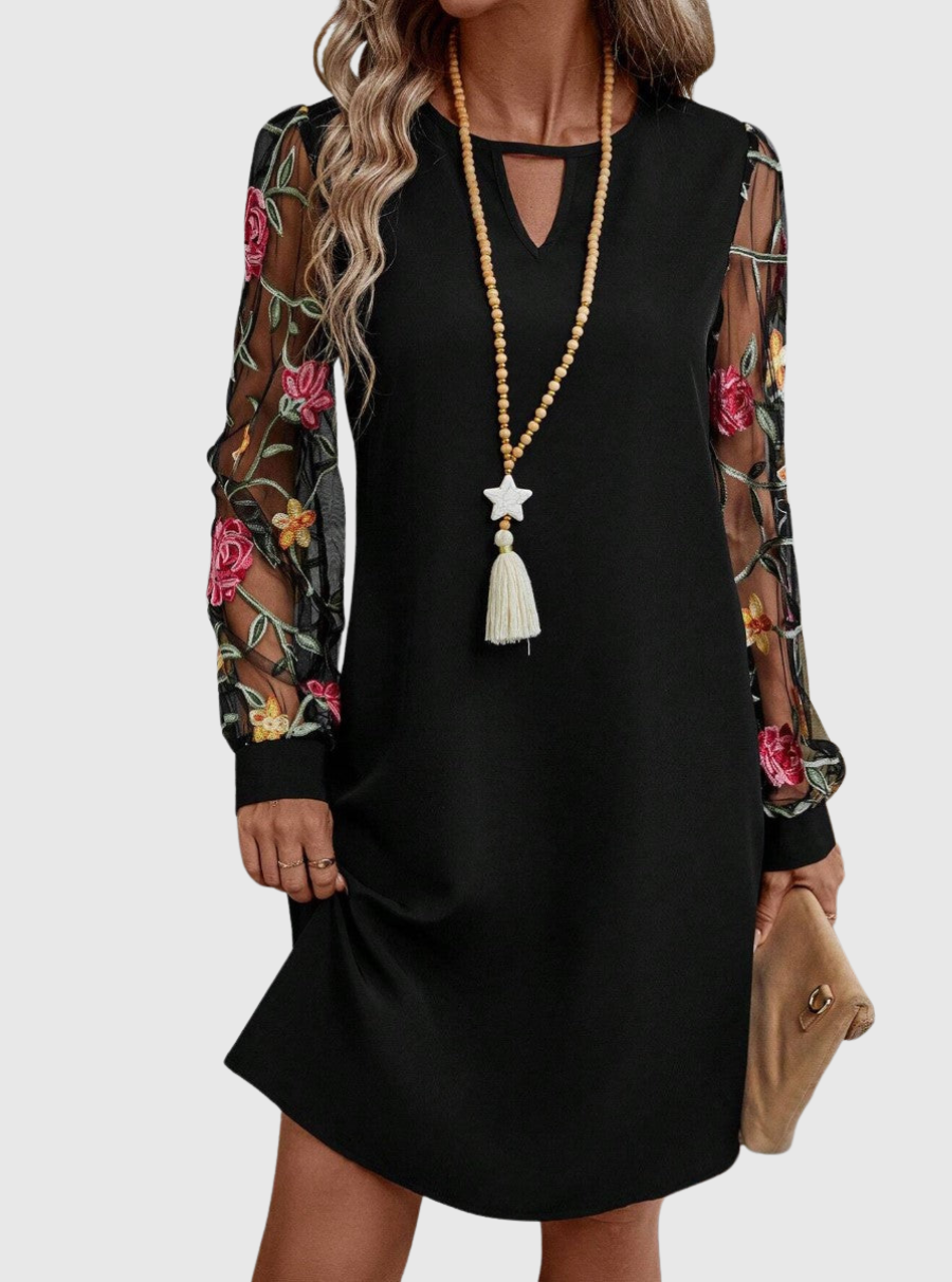 Keyhole Neck Floral Embroidered Mesh Sleeve Shift Mini Dress 5