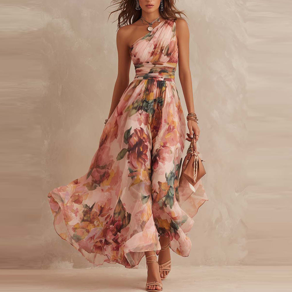 One Shoulder Floral Print Ruched Waist Flowy Maxi Dress 2